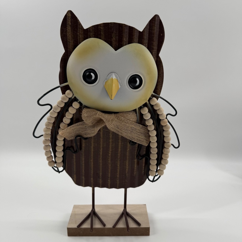 Metal Owl‎ Figurine with Wood Bead Garland and Bow Autumn Rustic Farmhouse Decor